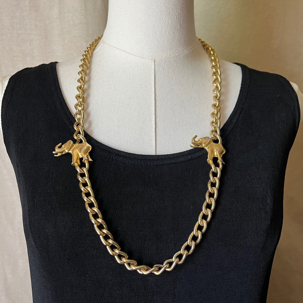 Vintage Gold Tone Elephant Link Chain Necklace Statement Runway 31"